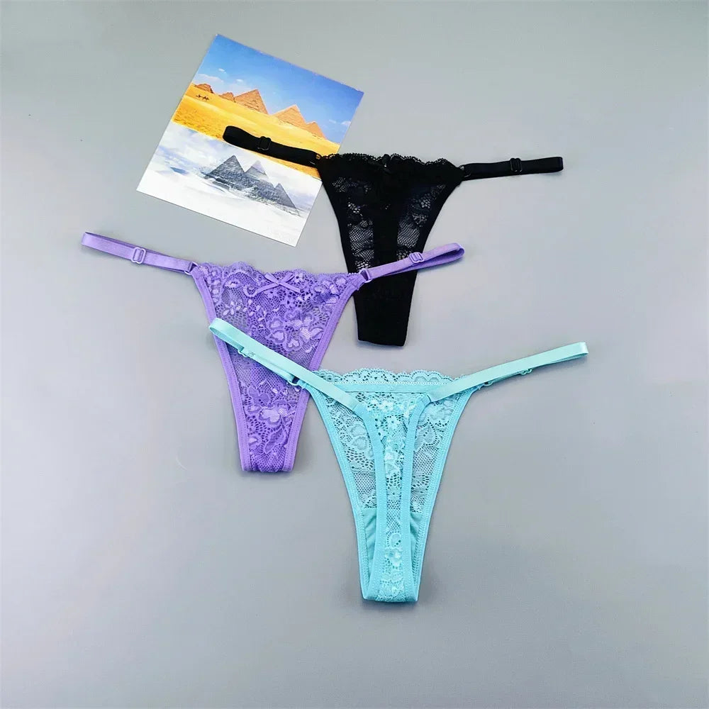 3PCS Einstellbare Sexy Transparent Tanga Höschen Frauen Spitze Unterwäsche Niedrige Taille Weibliche T-zurück String Unterhose